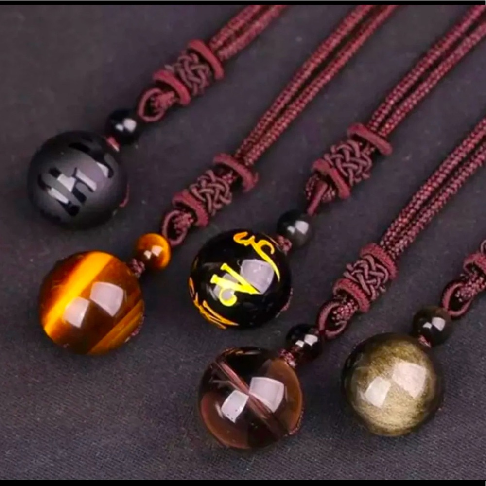 Protection Gemstone Round Pendant Necklaces Set